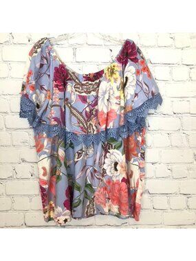 Cupio Blue Floral Linen Blend Top Plus Size 2X Off The Shoulder